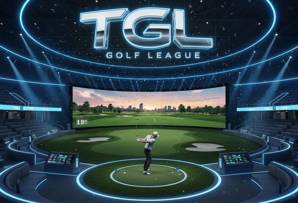 Golfer playing on futuristic TGL virtual course