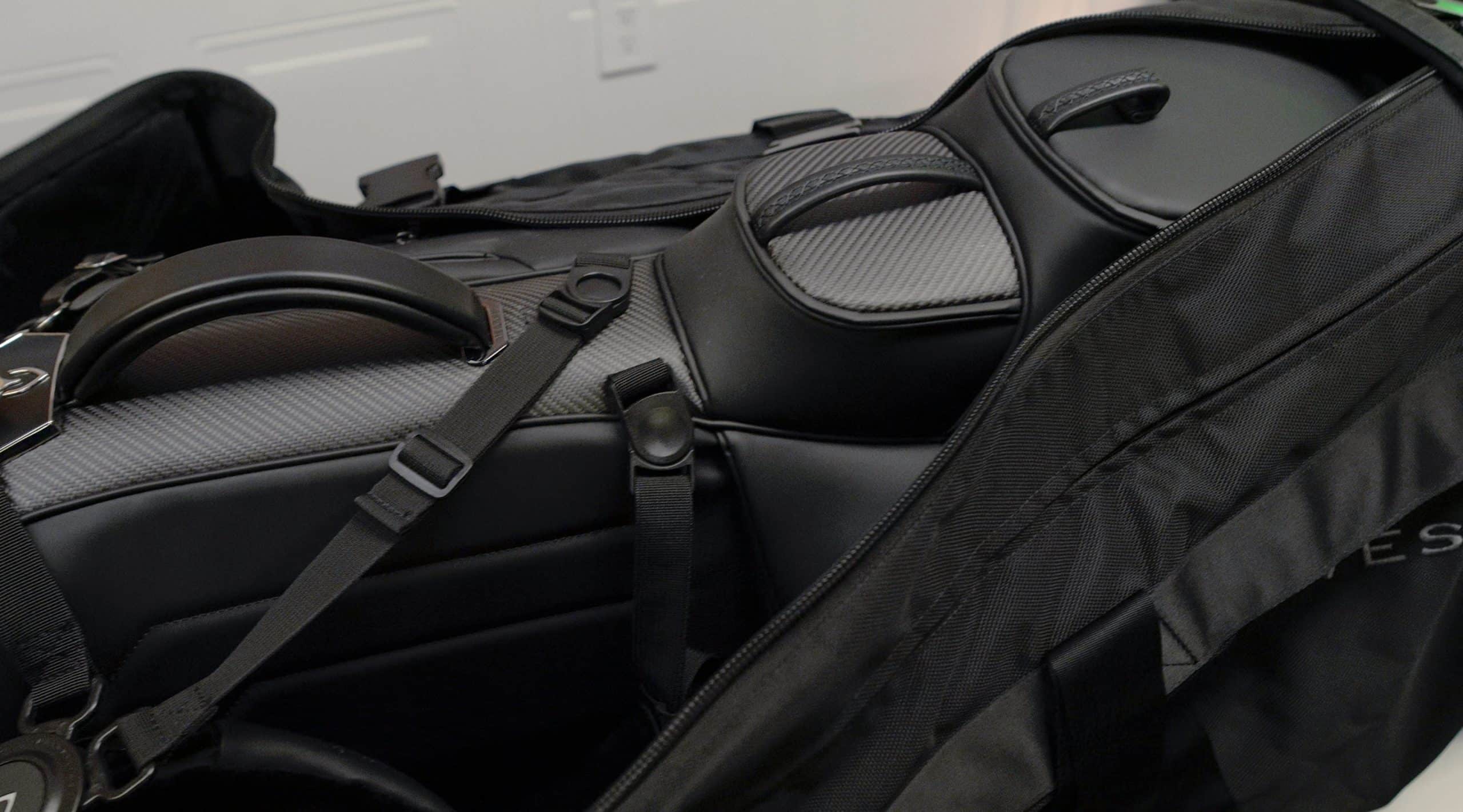 Carbon fiber motorcycle seat inside a carrying bag