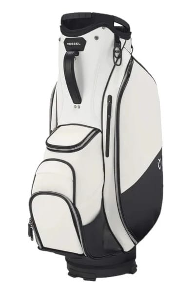 White and black golf bag with multiple pockets