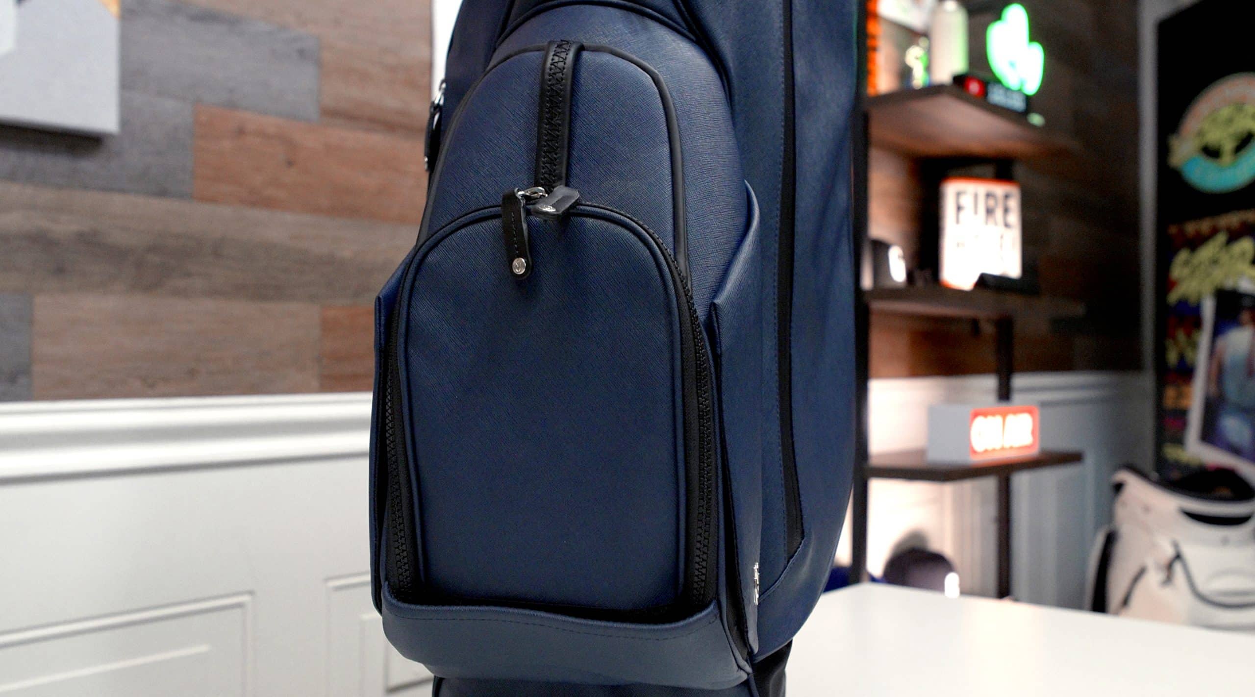 Close-up of navy blue backpack pocket
