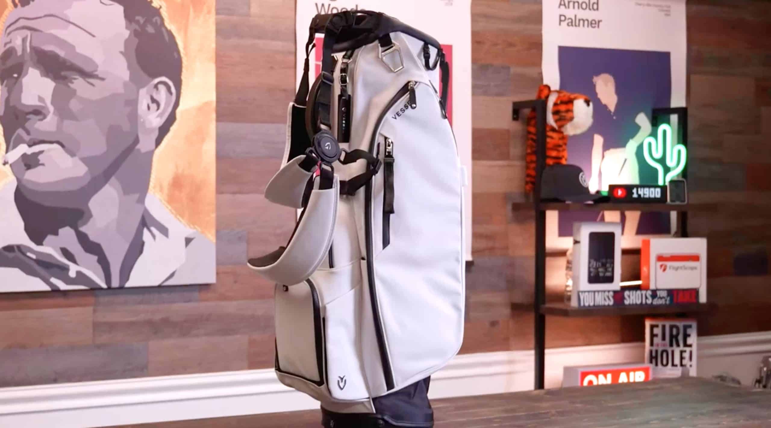 White VESSEL golf bag on display indoors