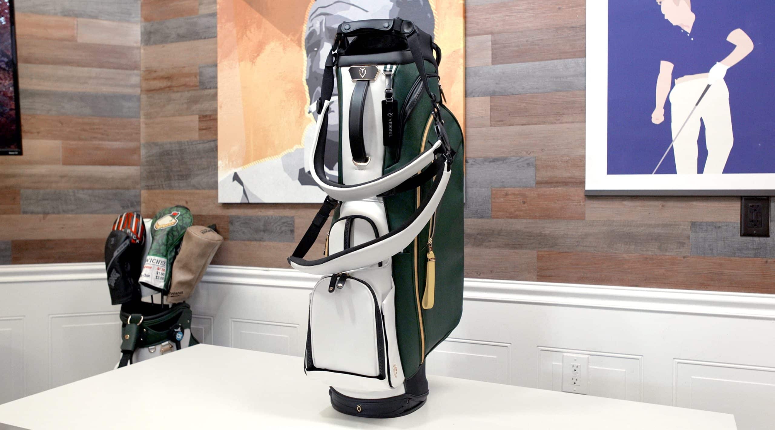 Modern green and white golf bag on display