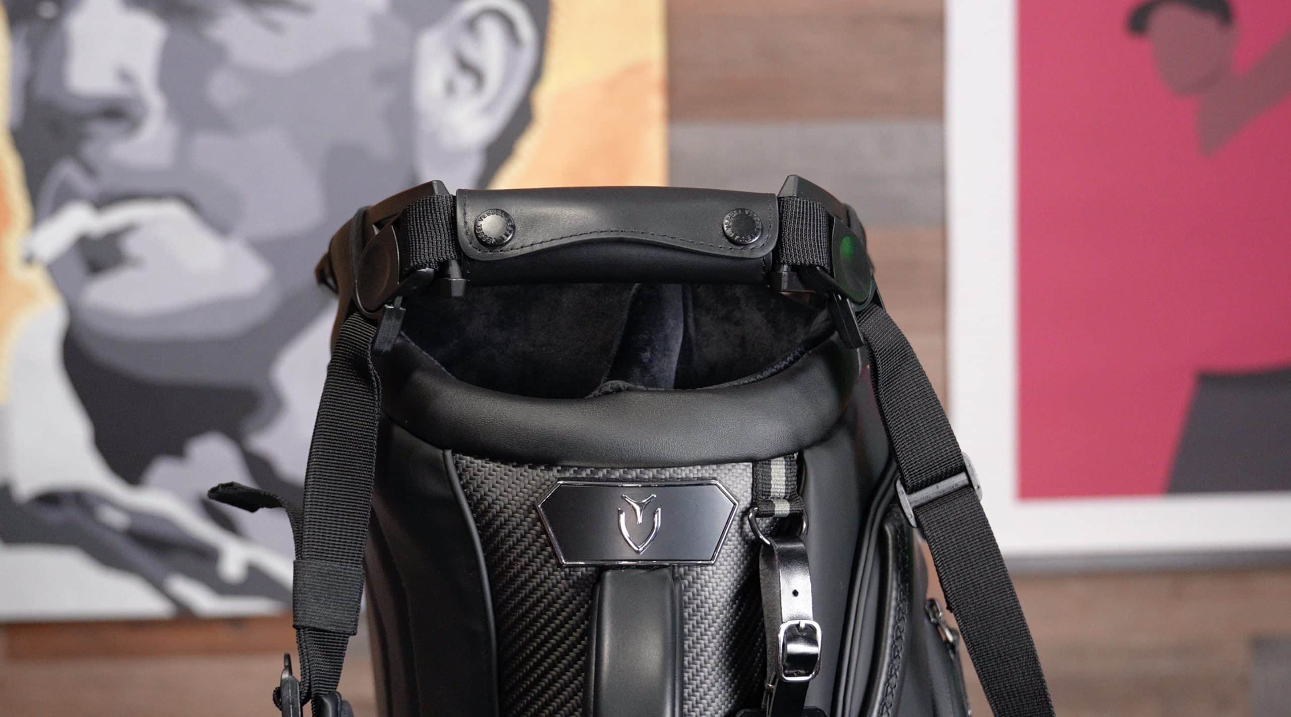 Close-up of black leather golf bag handle