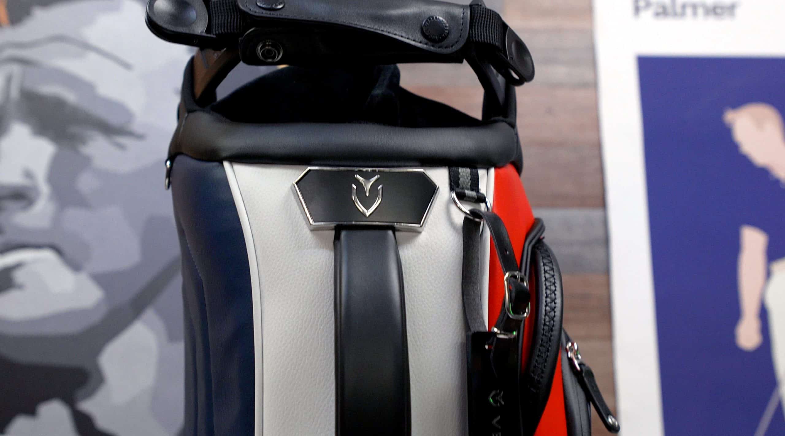 Modern red white blue golf bag closeup