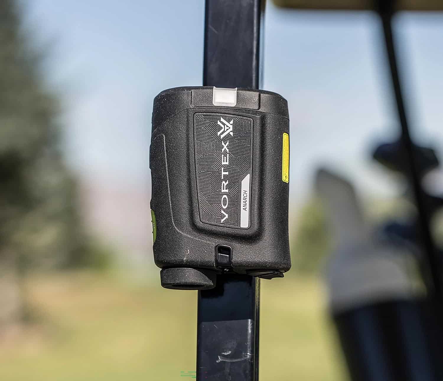 Vortex rangefinder mounted on golf cart pole