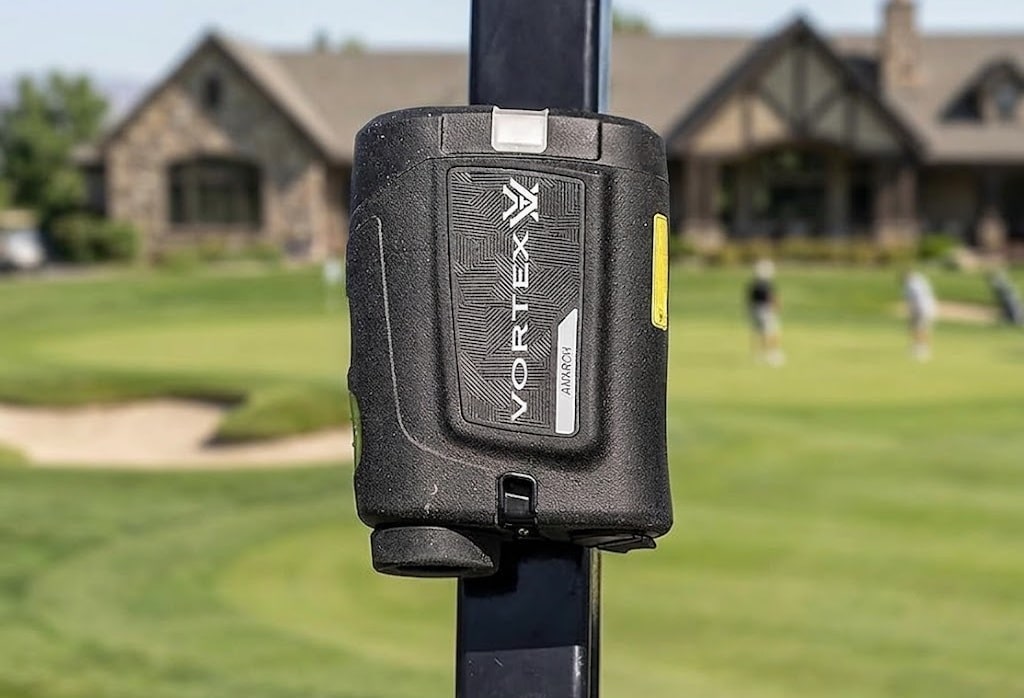 Vortex rangefinder mounted on golf course pole