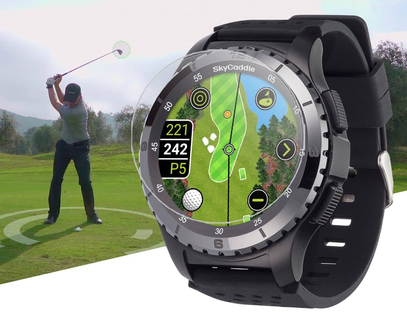 Smart golf watch displaying course map and distances