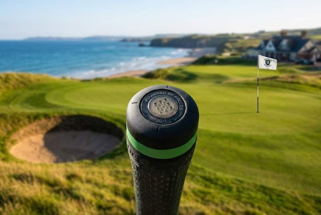 Golf club grip overlooking coastal course’s 18th green