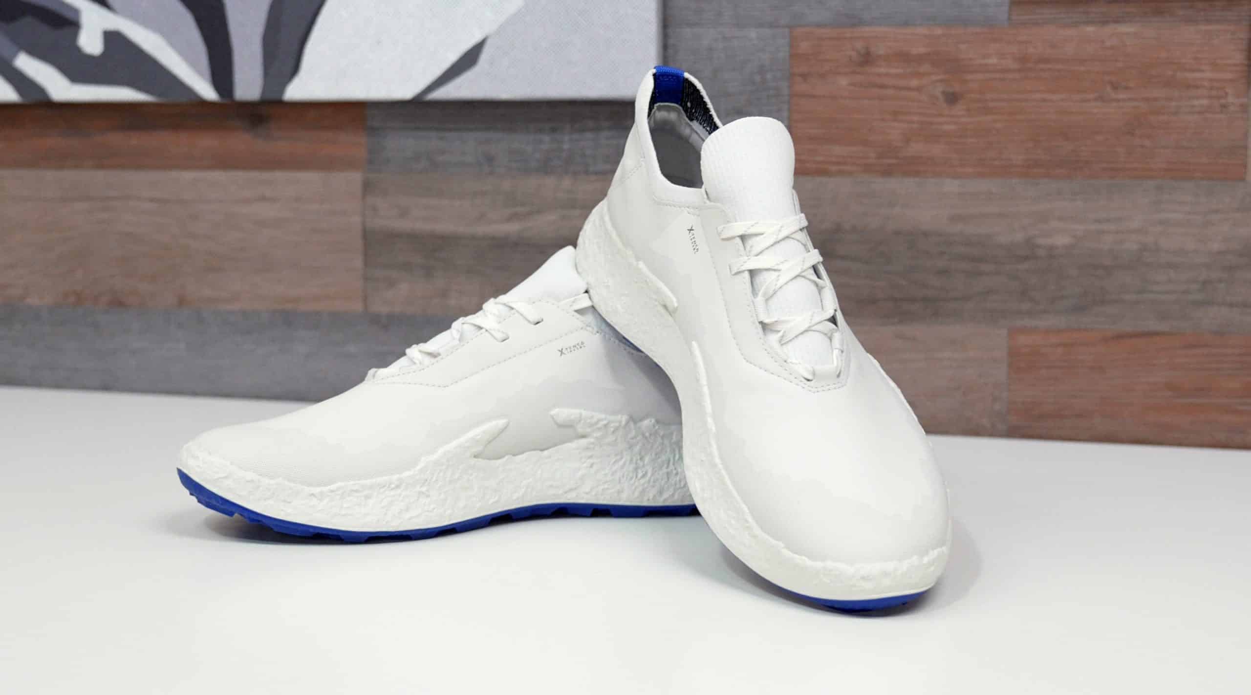 White sneakers with blue soles on display.