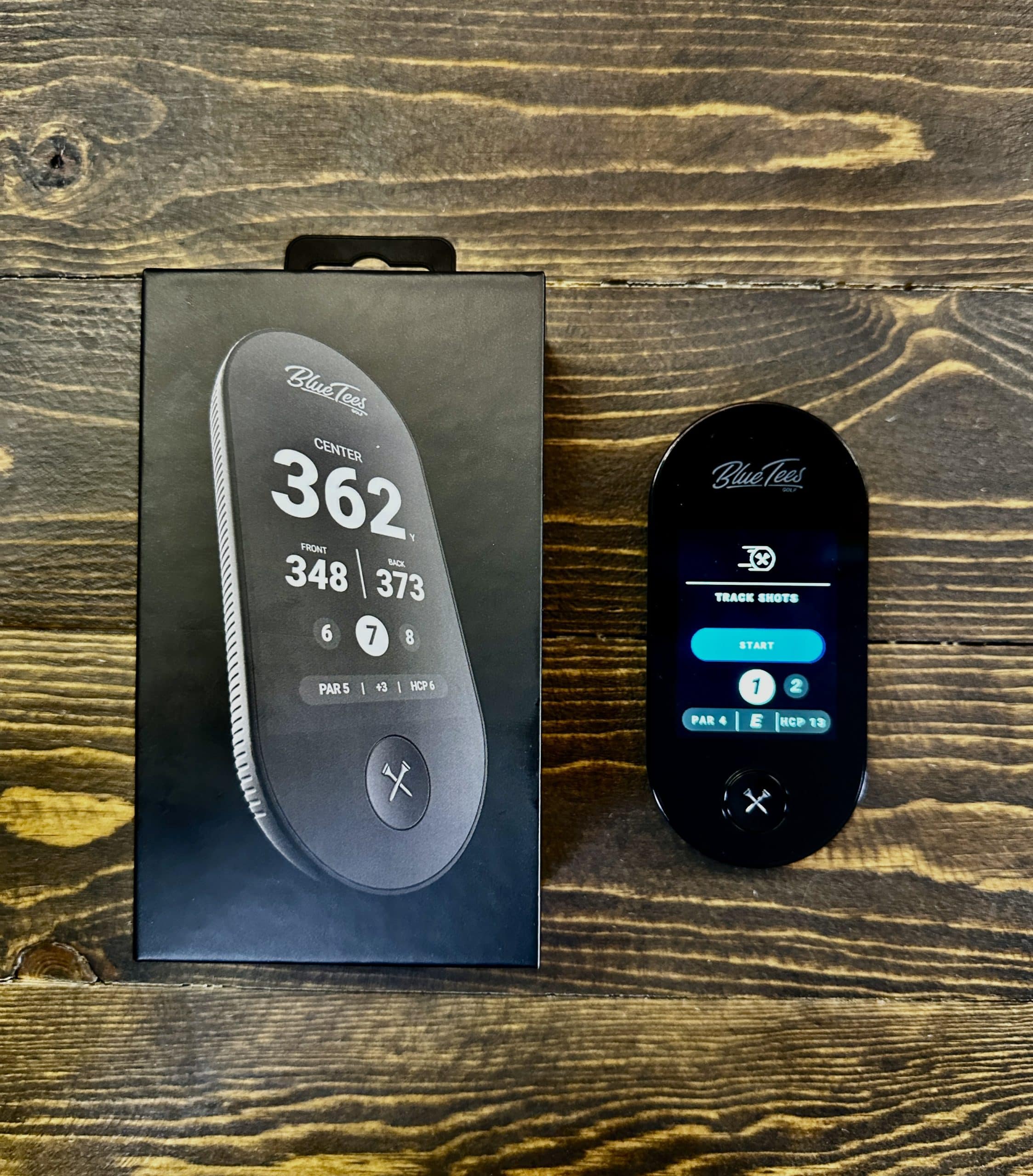 Blue Tees golf GPS device and packaging on table