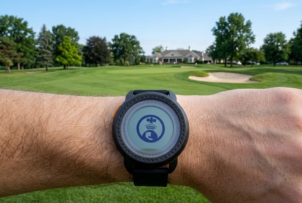 Golf GPS smartwatch on wrist overlooking green and bunker