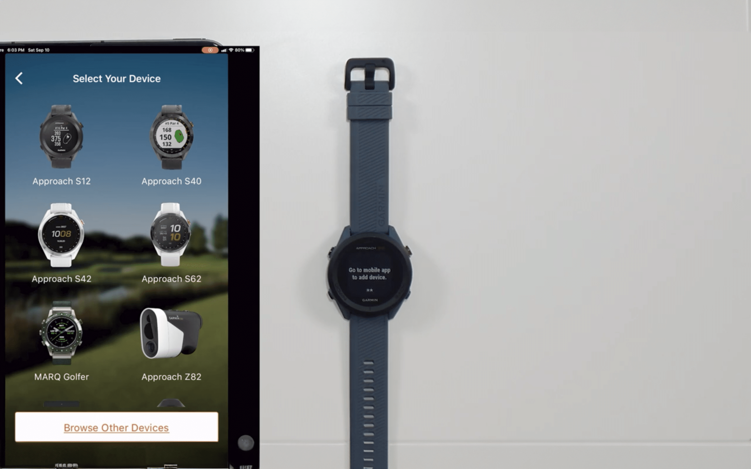 Smartwatch setup screen with device pairing options