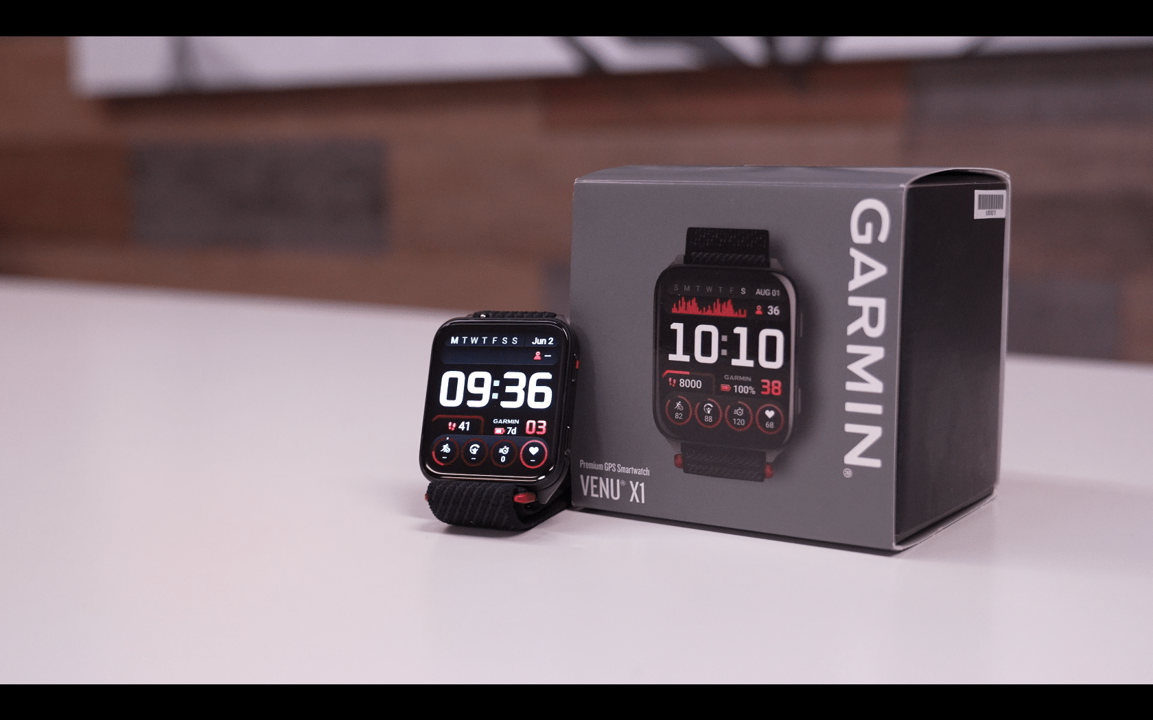Garmin Venu X1 smartwatch with product box