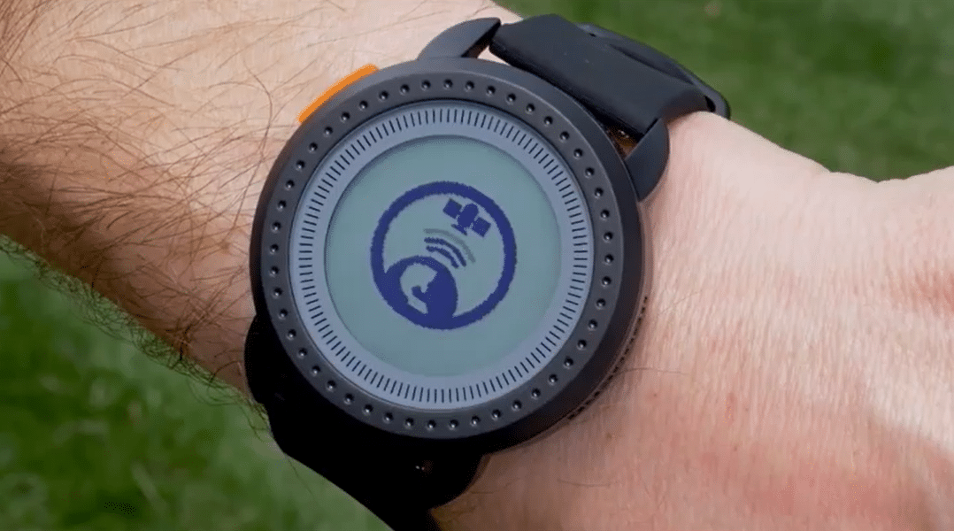 Smartwatch displaying GPS signal icon on wrist