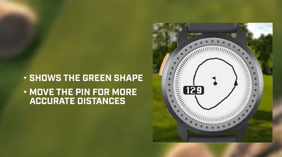 Golf watch displaying green shape and distance.