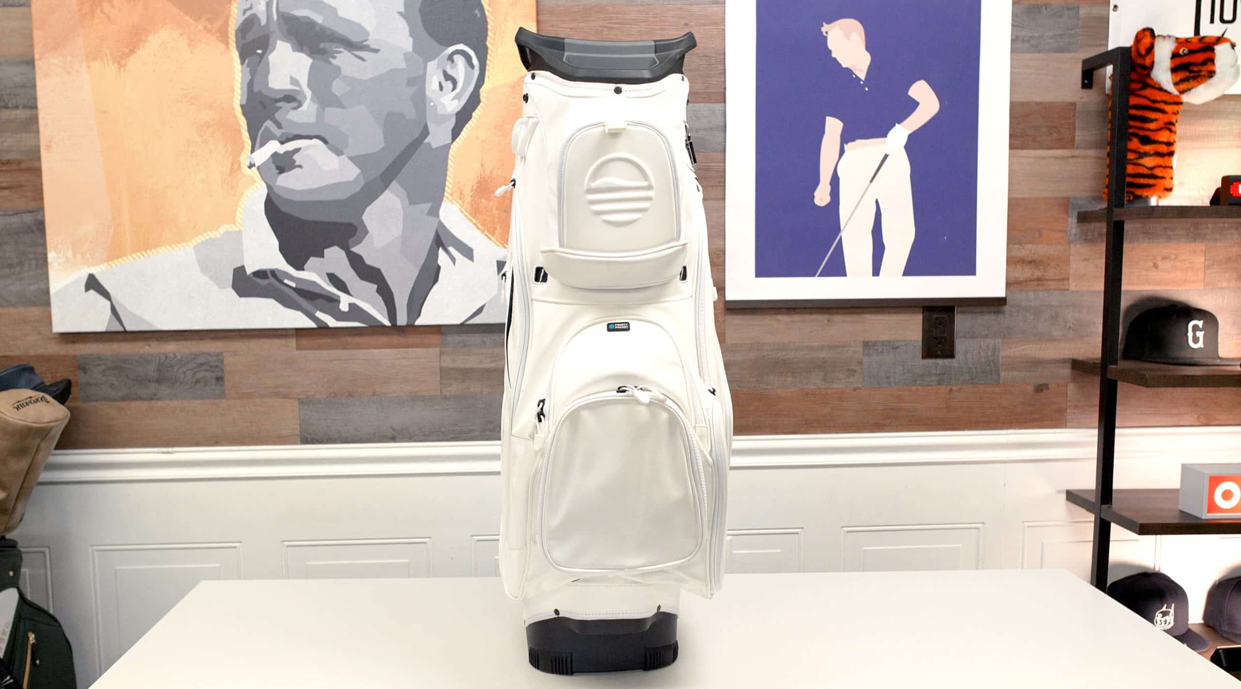 White golf bag on indoor table