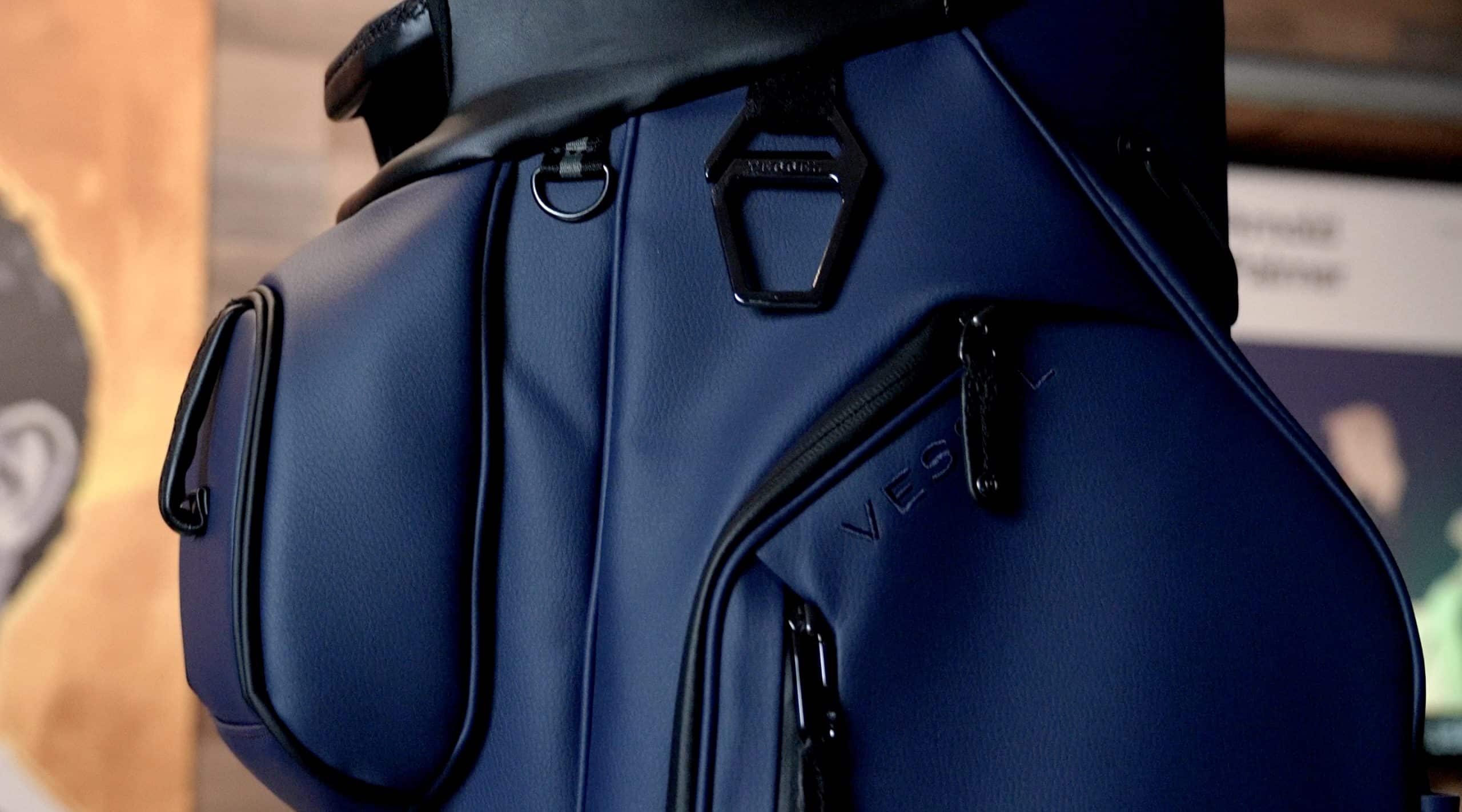 Close-up of blue leather golf bag