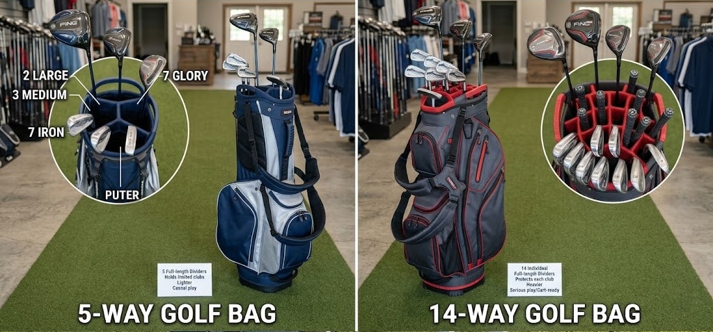 5 way vs. 14 way golf bag