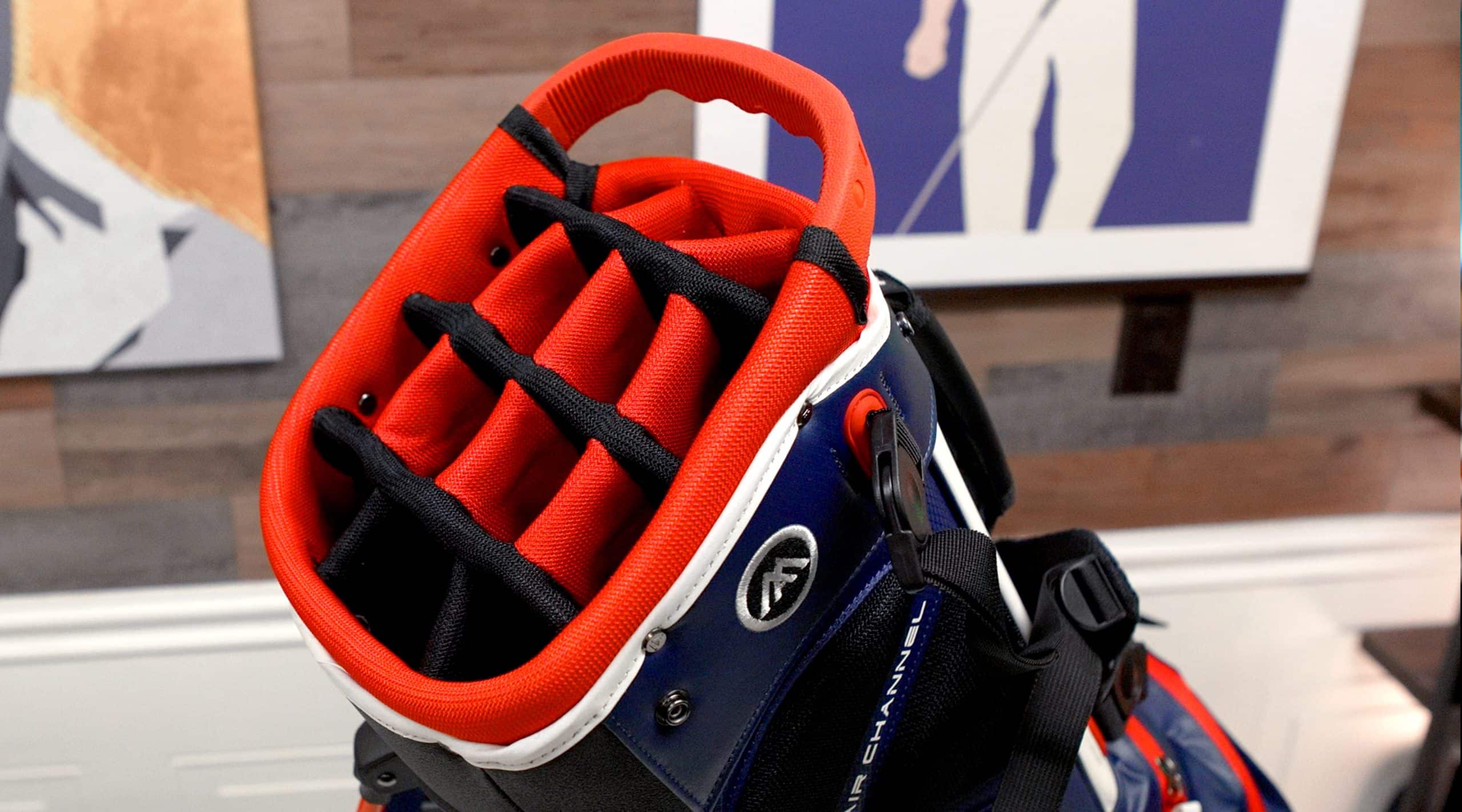 Red and blue golf bag with dividers