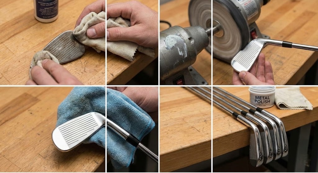 Cleaning and polishing golf clubs on workbench