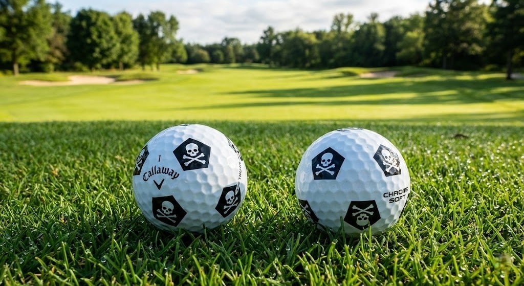 Two golf balls on a grassy golf course