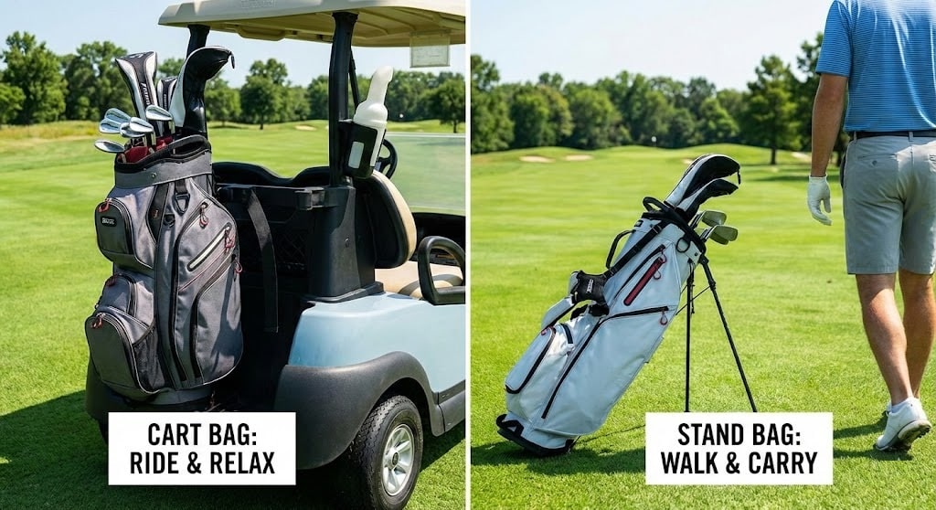 Golf cart and stand bags on green course
