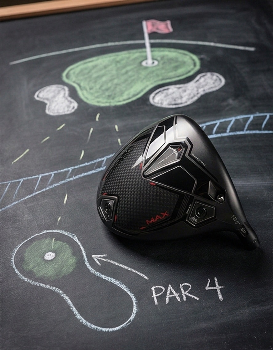 Golf driver on chalkboard course drawing