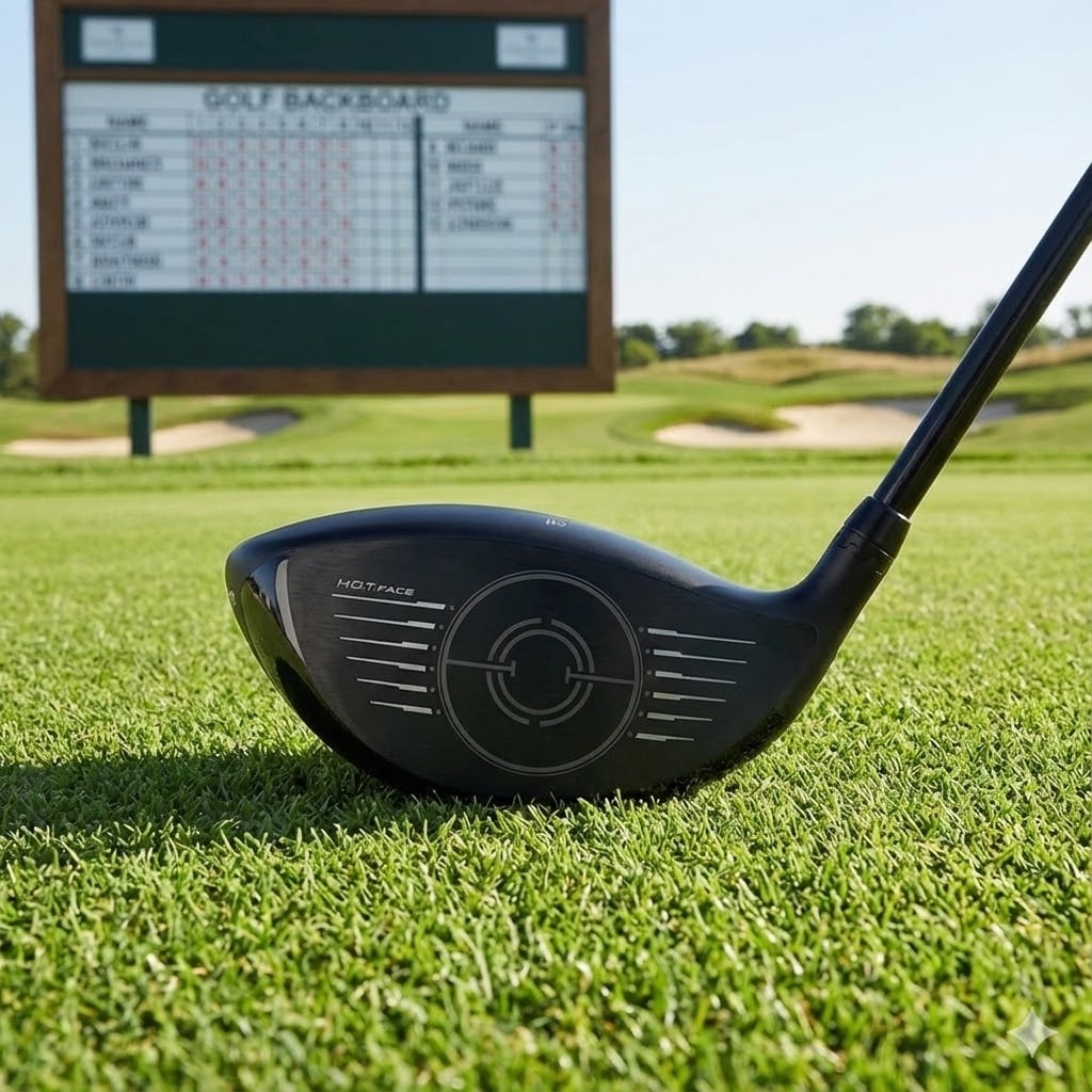 Golf driver on grass near scoreboard