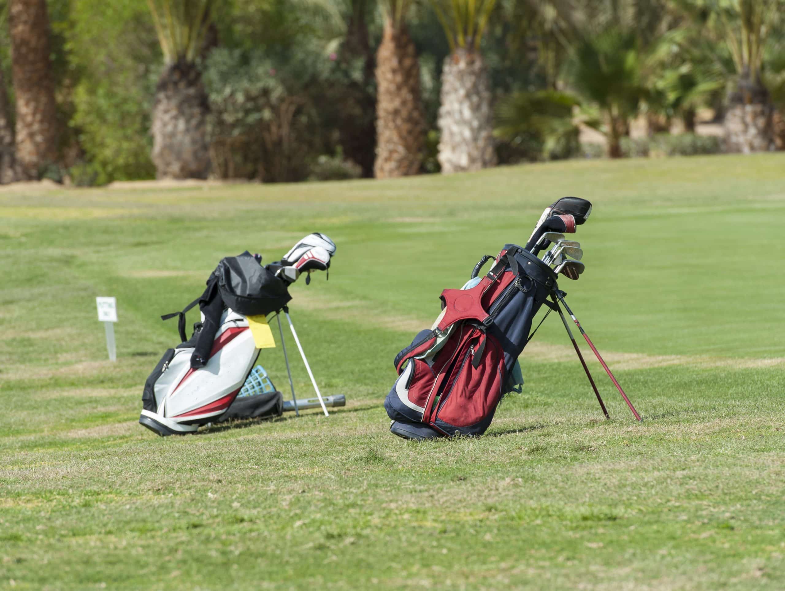 Two golf bags on a sunny golf course
