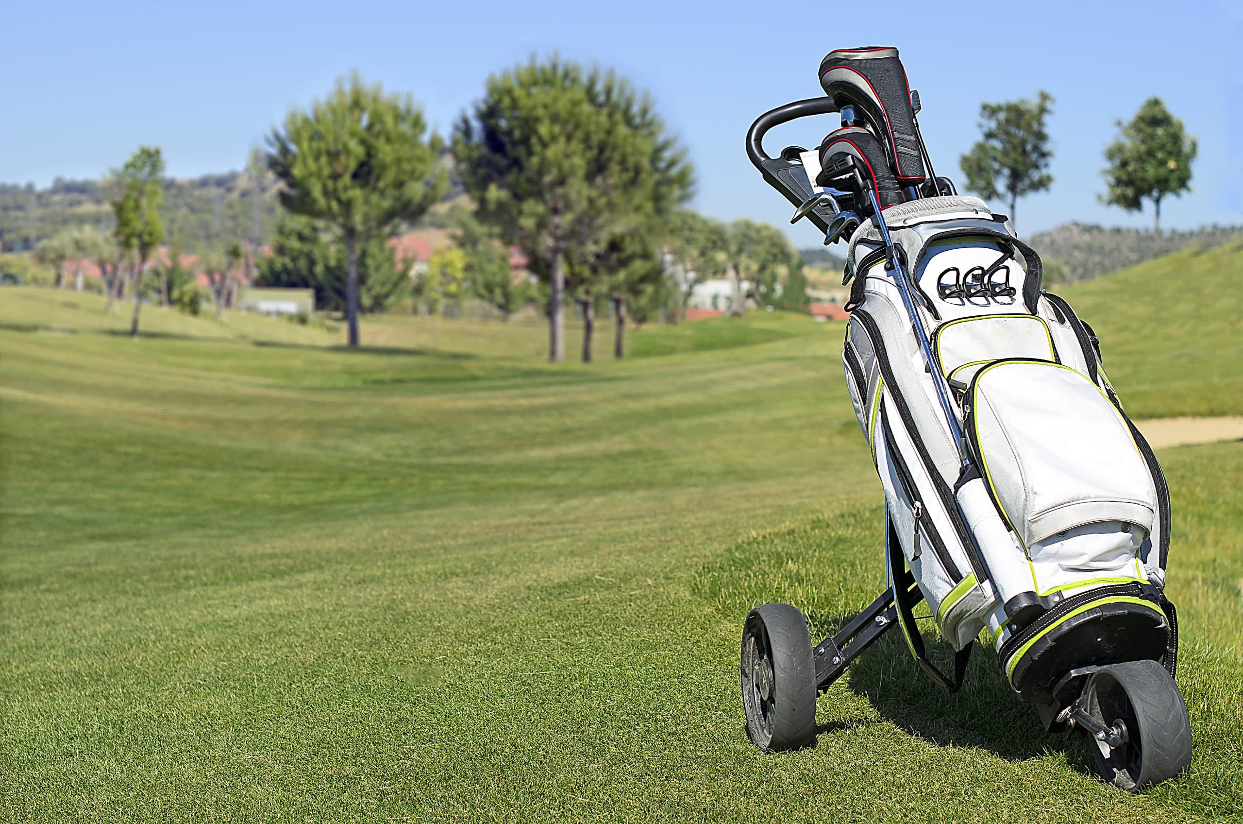 Golf bag on cart on sunny course
