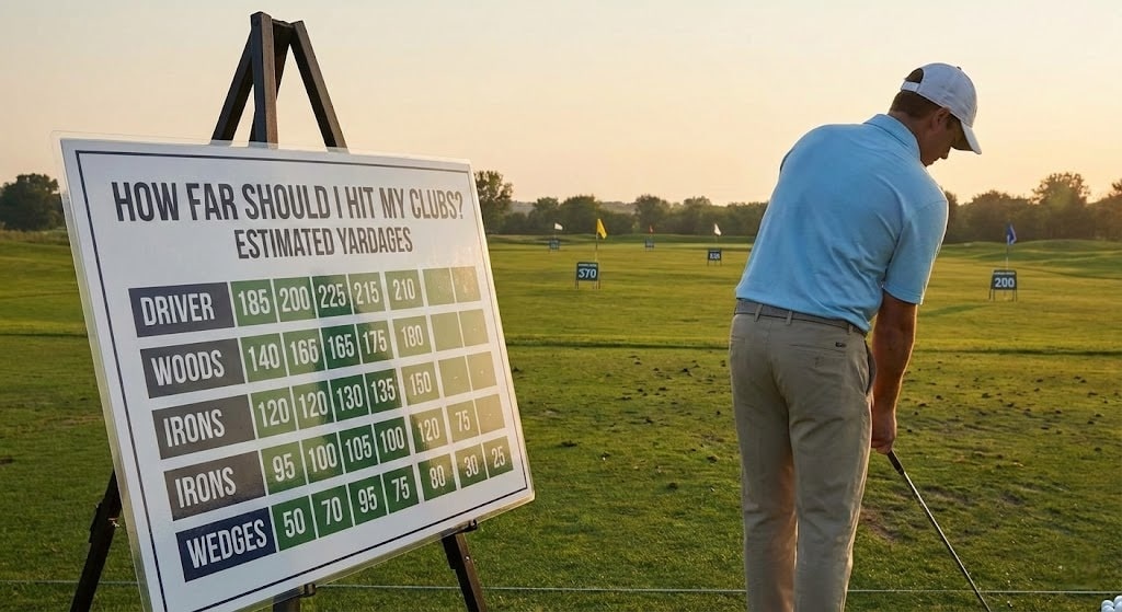 Golfer practicing near club distance chart