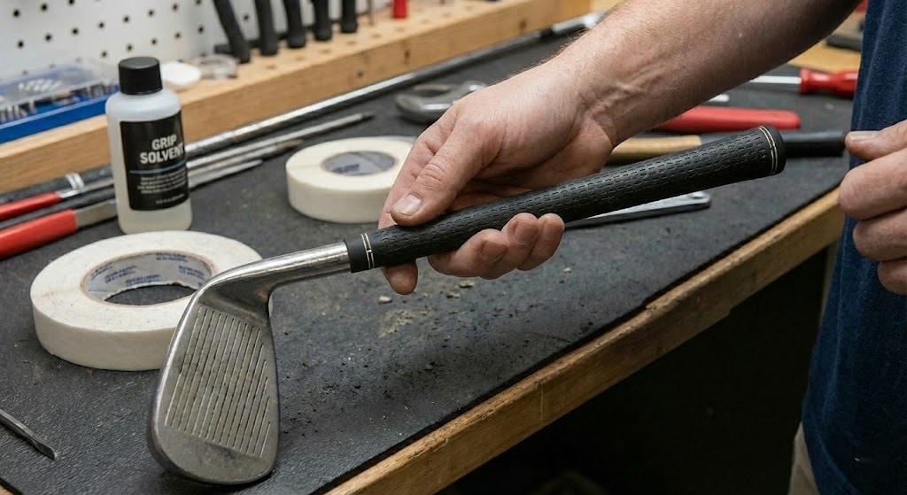 Person regripping a golf club on workbench