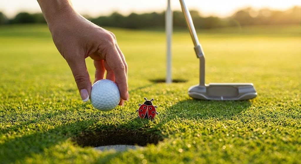 Golf ball near hole with ladybug on green