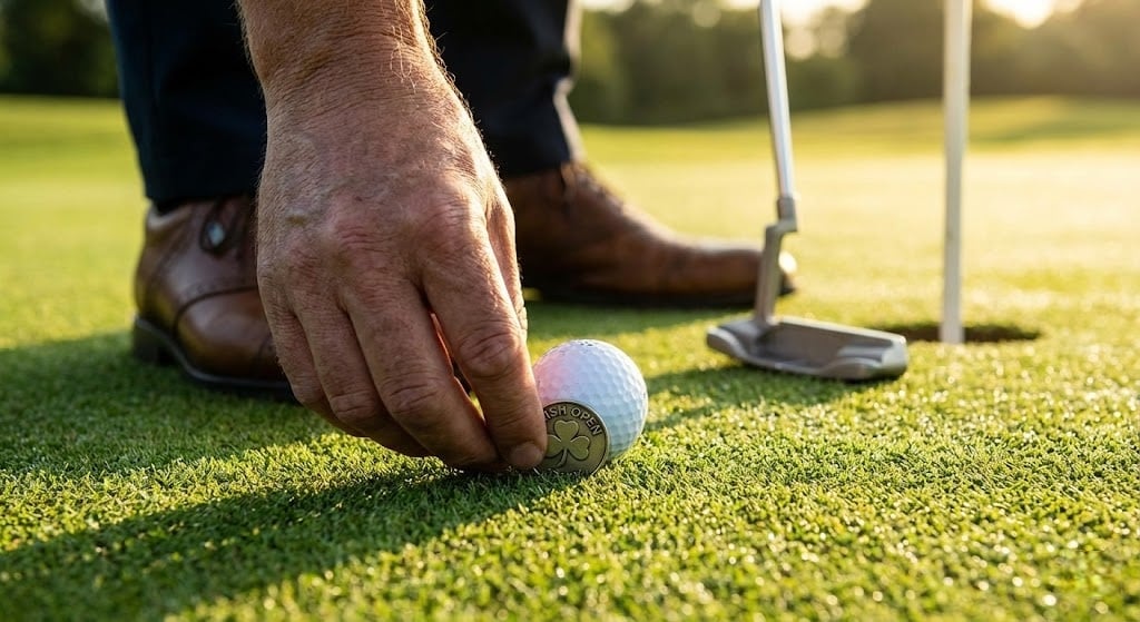 Golfer placing ball on green near hole