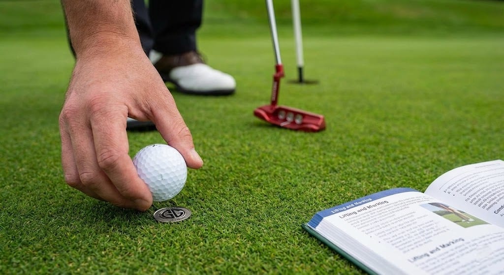 Golfer marking ball near putter and rulebook