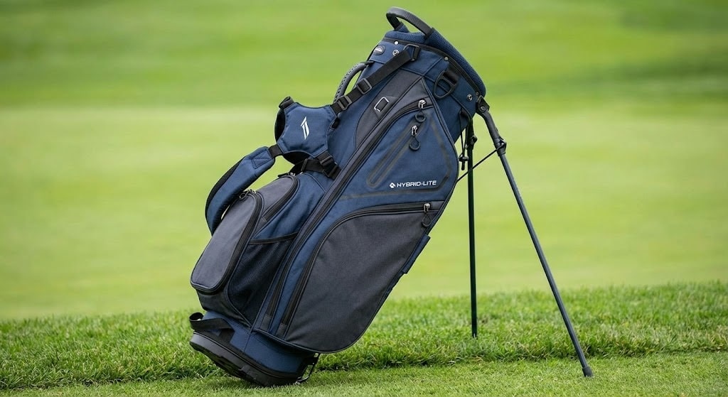 Blue golf bag standing on green grass
