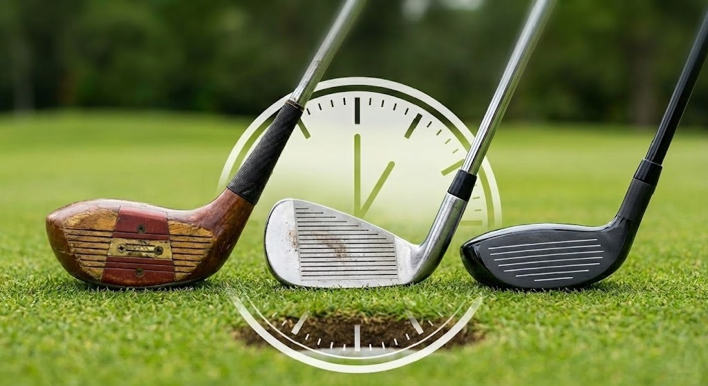 Three golf clubs on green grass with clock overlay