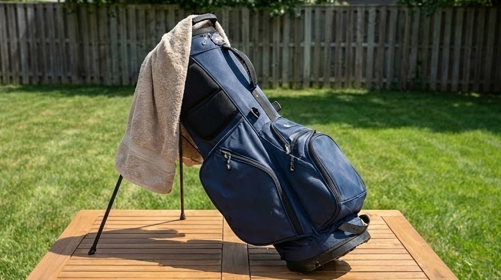 Blue golf bag with towel on table outdoors