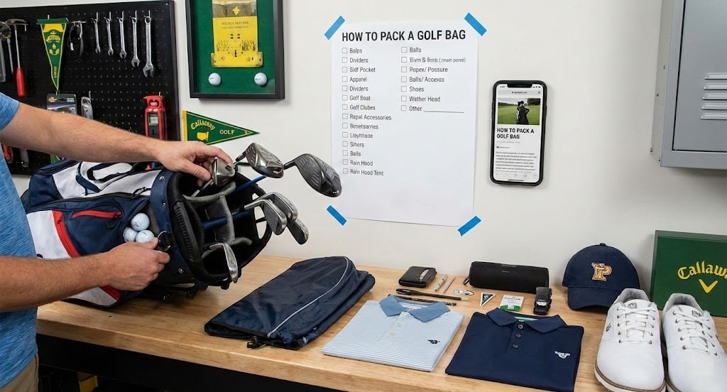 Man packing golf bag with clubs and accessories