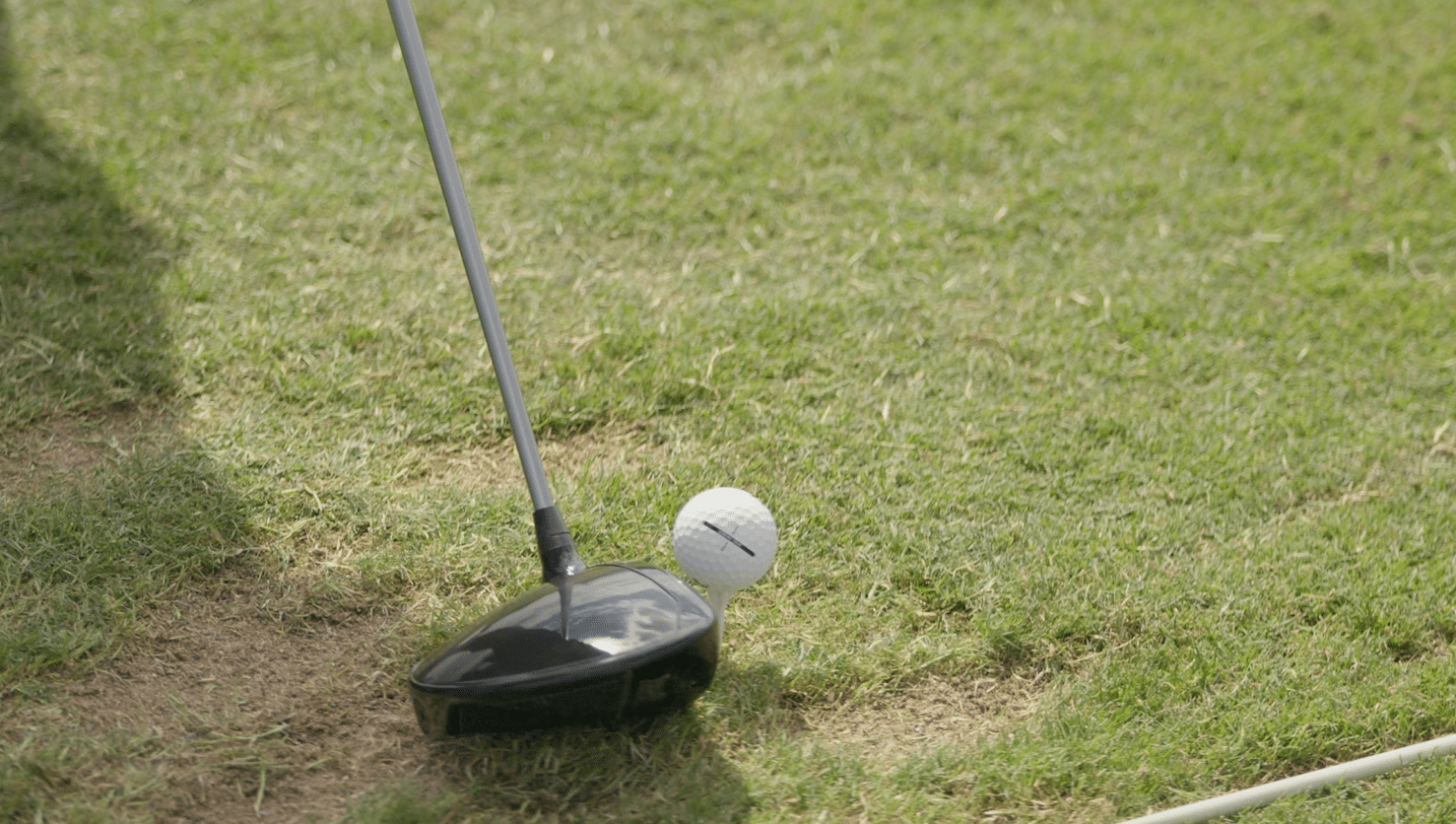 Golf club preparing to hit ball on grass