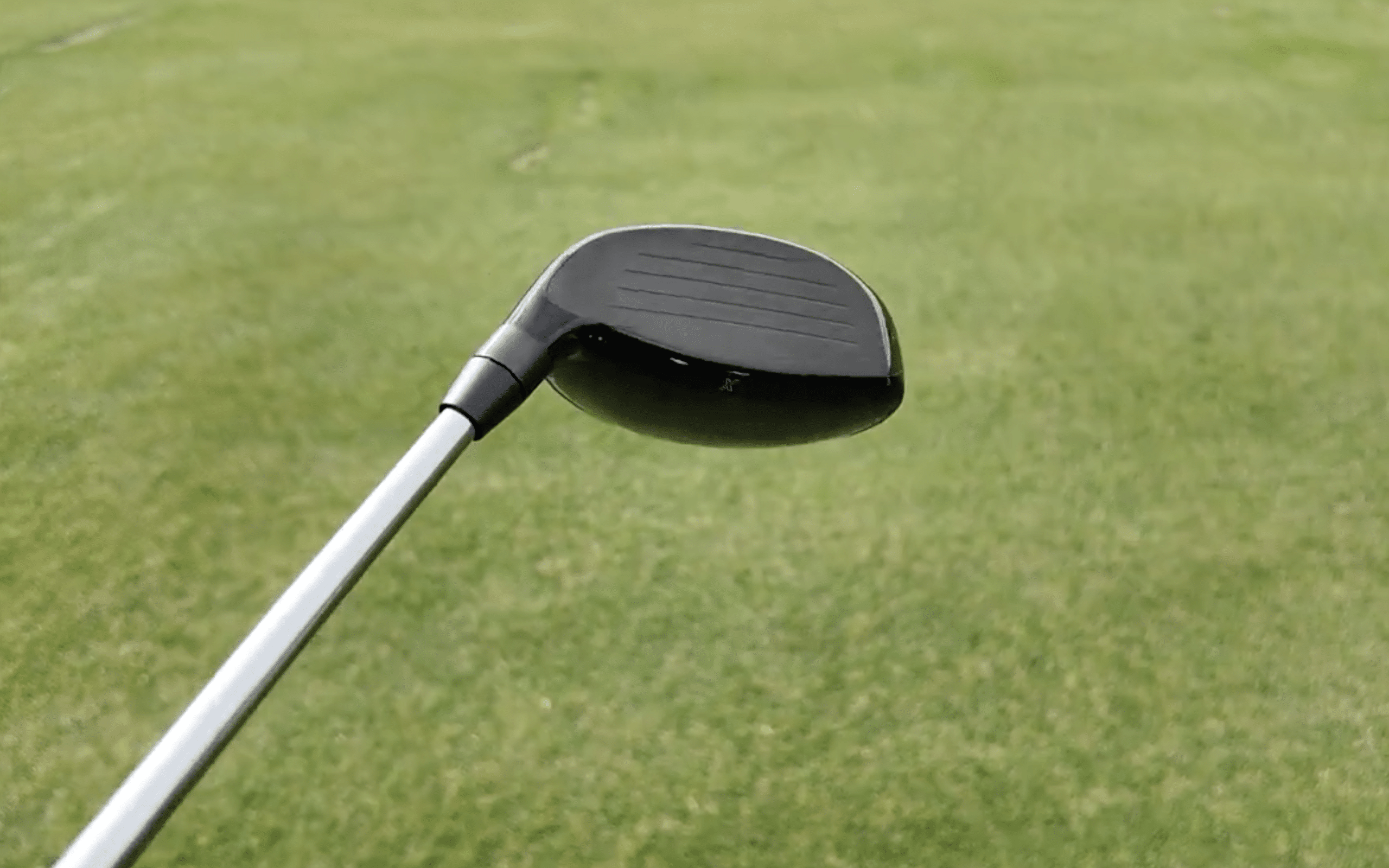 Golf club head on green grass