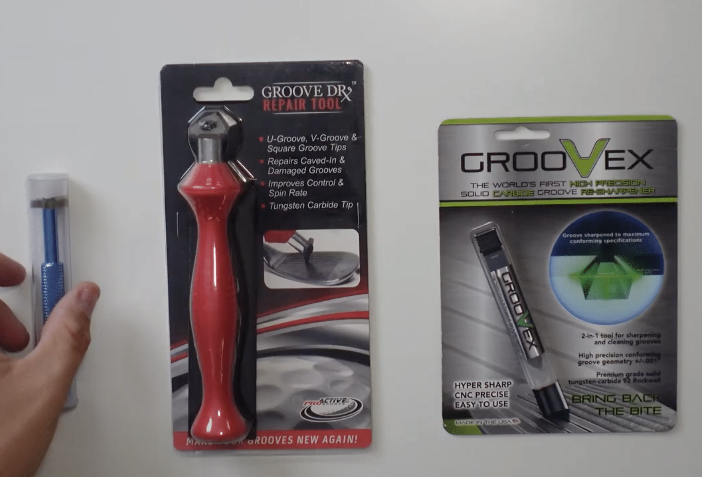 Golf club groove sharpeners and repair tools display