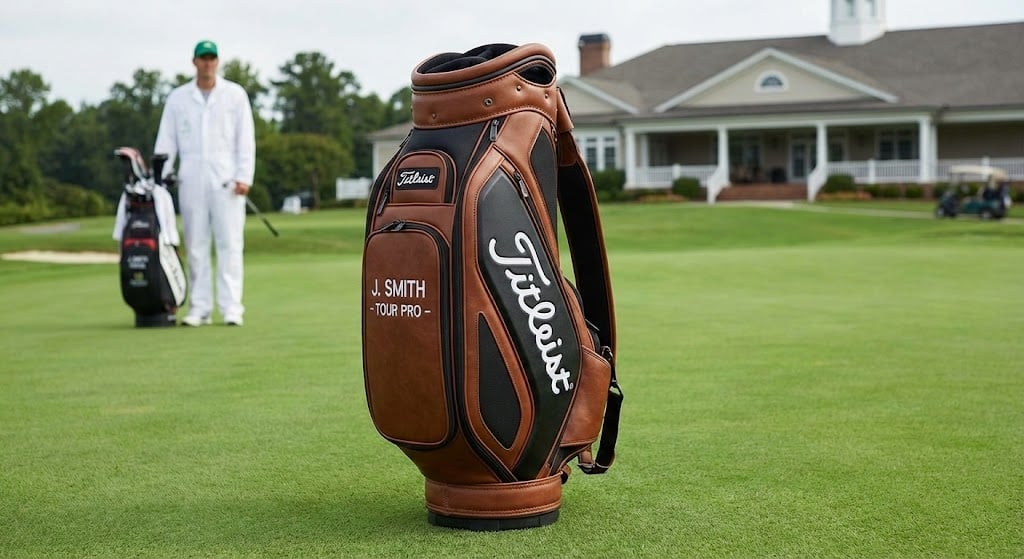Titleist golf bag on green near clubhouse