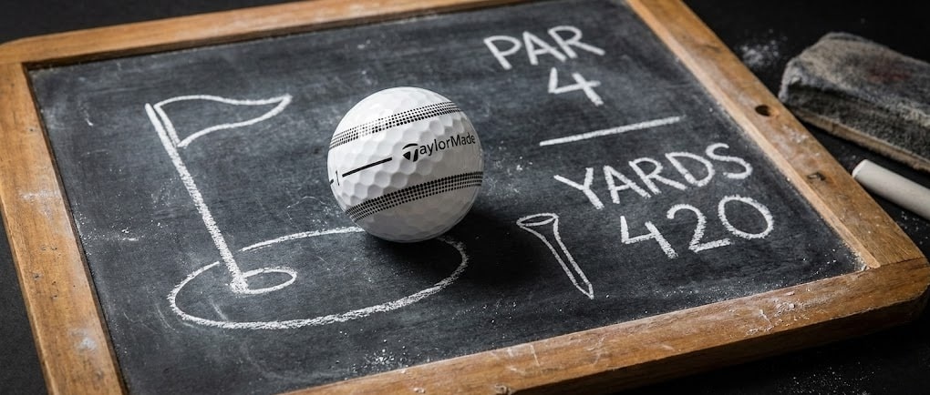 Golf ball on chalkboard with par 4 yardage