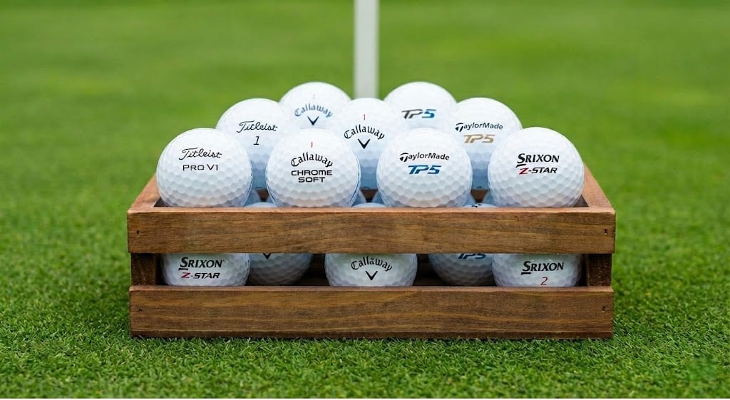 Wooden crate filled with golf balls on grass
