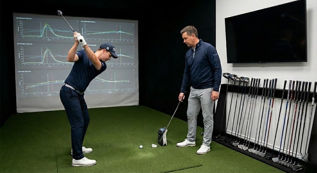 Golf instructor teaching swing technique indoors