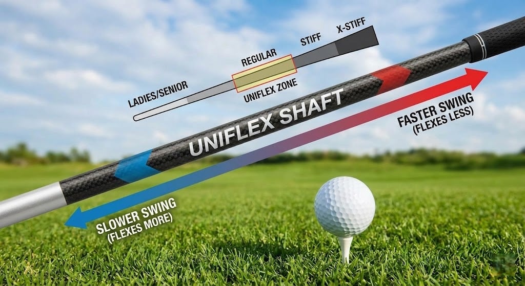 Golf club uniflex shaft showing swing flex differences
