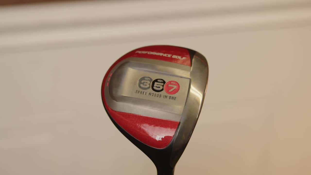 Close-up of the Performance Golf 357 Super 7 sole showing the Three Woods In One text, 357 branding and 21 degree loft marking
