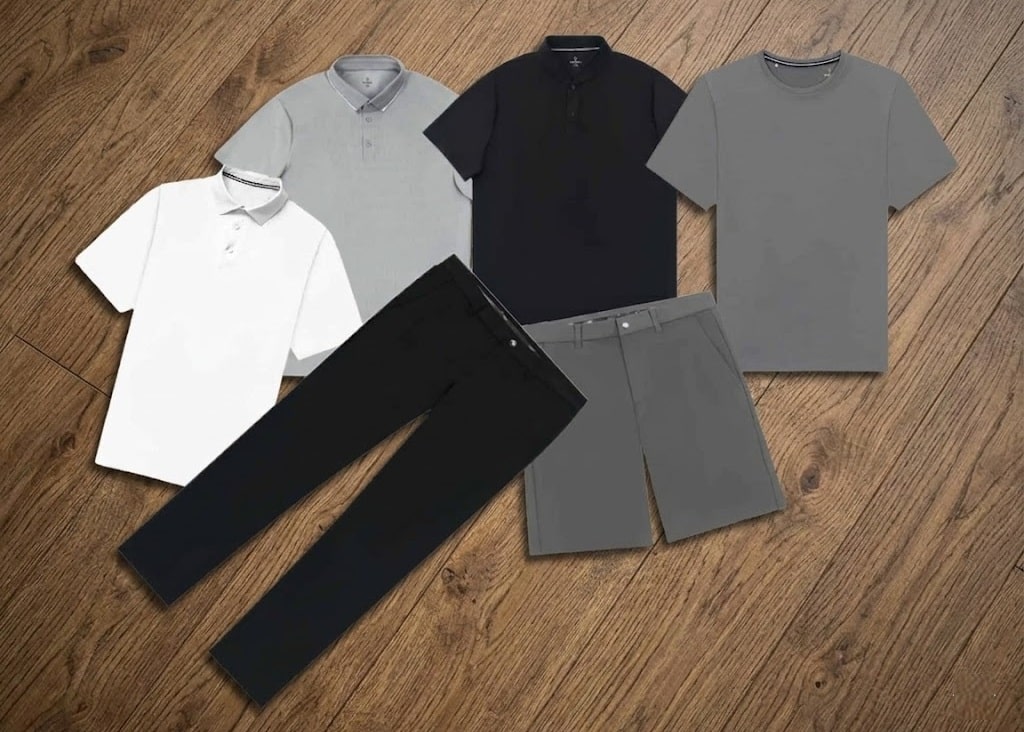 Men's polos, t-shirt, pants and shorts on floor