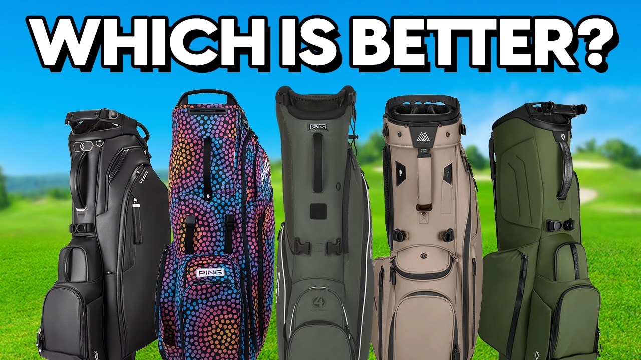 Five golf bags on course with comparison text